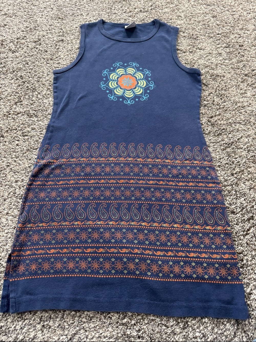 Navy Sleeveless Midi Dress with Floral Mandala Motif